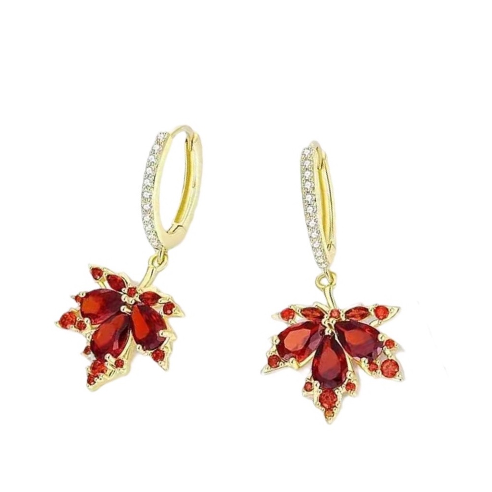 Red Crystal & Diamond Maple Leaf Leaves Gold Toned Leverback Earrings